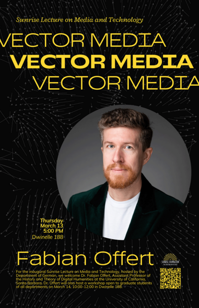 Poster for the inaugural Sunrise lecture on Media and Technology. Fabian Offert will speak on "Vector Media."